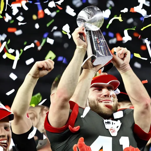 Image similar to baker mayfield lifts up the lombardi trophy, confetti, 8 k sports photography
