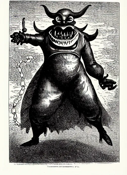 Image similar to illustration of dr. robotnik as a demon from the dictionarre infernal, etching by louis le breton, 1 8 6 9, 1 2 0 0 dpi scan, ultrasharp detail, clean scan