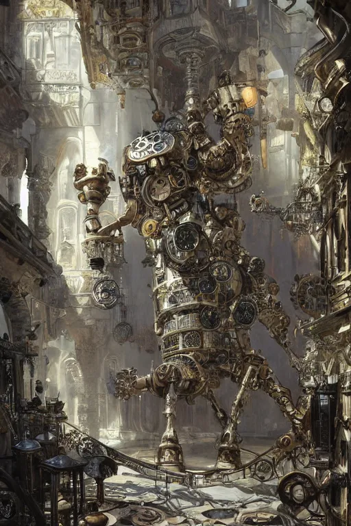 Prompt: a biomechanical palace guard made of machine parts and clocks is walking through a steampunk byzantine courtyard by anders zorn, gun arms, shiny, wonderful, mandelbulb 3 d buildings, fractal designs, dynamic, masterpiece by greg rutkowski, hyperrealism, beautiful cinematic light, by greg manchess, jessica rossier