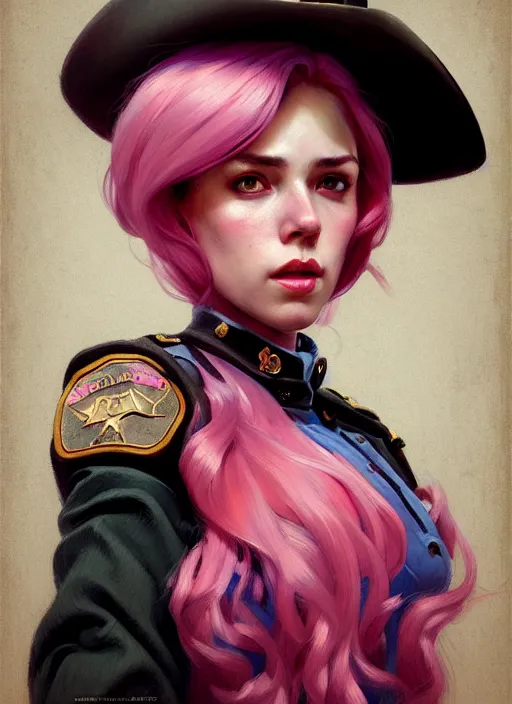 Prompt: female sheriff, beautiful girl, full body, pink hair, cowboy hat, realistic, serov, surikov, vasnetsov, repin, kramskoi, insanely detailed, charlie bowater, tom bagshaw, high resolution, octane rendered, unreal engine, illustration, trending on artstation, masterpiece, 8 k