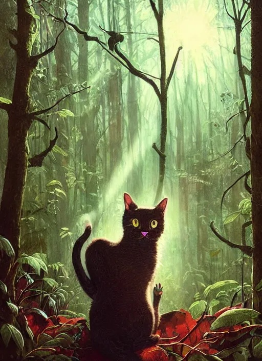 Image similar to a hyper realistic illustrated cat with happy lighting playing in the woods gorgeous lighting, sunbeams blue sky, lush forest foliage painting by chiara bautista and beksinski and norman rockwell and greg rutkowski weta studio, and lucasfilm