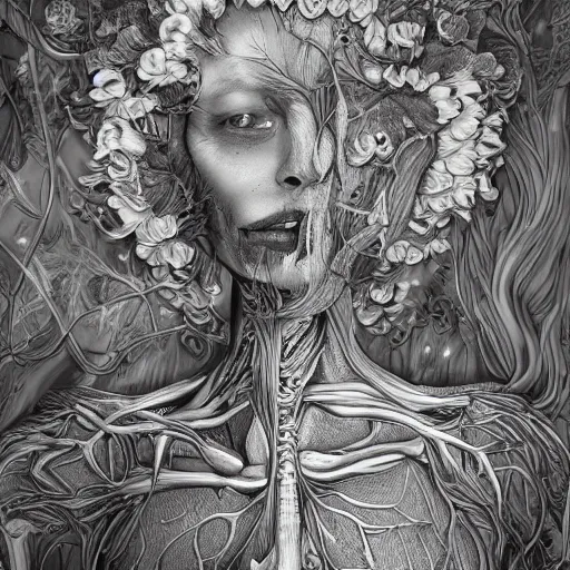 Prompt: a beautiful detailed photo of a full body rotten woman corpse morphing into fractal plants and fractal flowers and mushrooms, face muscles, veins, anatomical, intricate, ornate, volumetric light, beautiful lit, beetlejuice