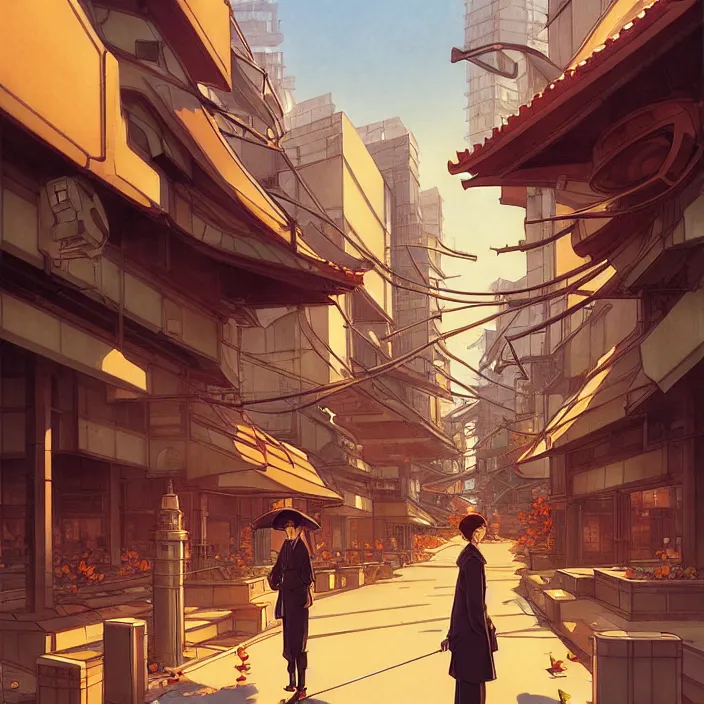 Image similar to empty tokyo, autumn, in the style of studio ghibli, j. c. leyendecker, greg rutkowski, artem