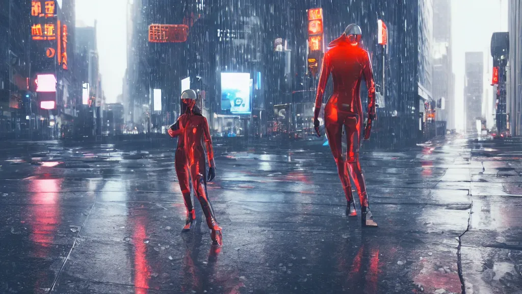 Image similar to modern sci-fi ninja woman with a sword and transparent plastic rainjacket and translucent clothing, walking towards oncoming busy traffic trucks and cars, in downtown chicago, daytime, wet floor on streets, matte painting, unreal engine, cinematic camera, mirrors edge, sunset overdrive