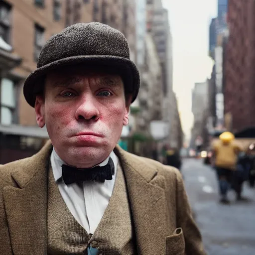 Prompt: closeup portrait of fat peaky blinders in a new york street, by Steve McCurry and David Lazar, natural light, detailed face, CANON Eos C300, ƒ1.8, 35mm, 8K, medium-format print