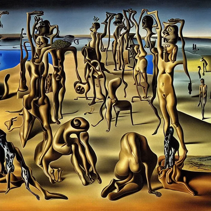 Image similar to a group of characters crying in a surreal environment by salvador dali, highly detailed