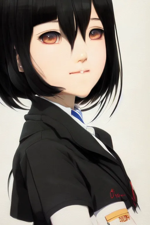 Prompt: Gorgeous realistic japanese schoolgirl with black hair, in black uniform, very detailed eyes. By ilya kuvshinov, krenz cushart, Greg Rutkowski, trending on artstation