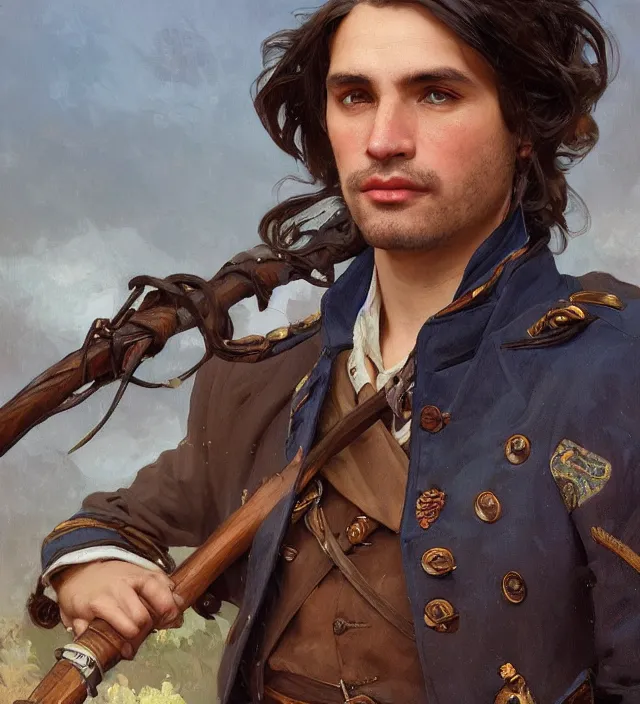 Image similar to candid portrait of a man with brown wavy hair and deep brown eyes, wearing a blue traditional colonial military jacket, intricate, holding a spear, highly detailed, digital painting, artstation, concept art, sharp focus, cinematic lighting, illustration, art by artgerm and greg rutkowski, alphonse mucha, cgsociety