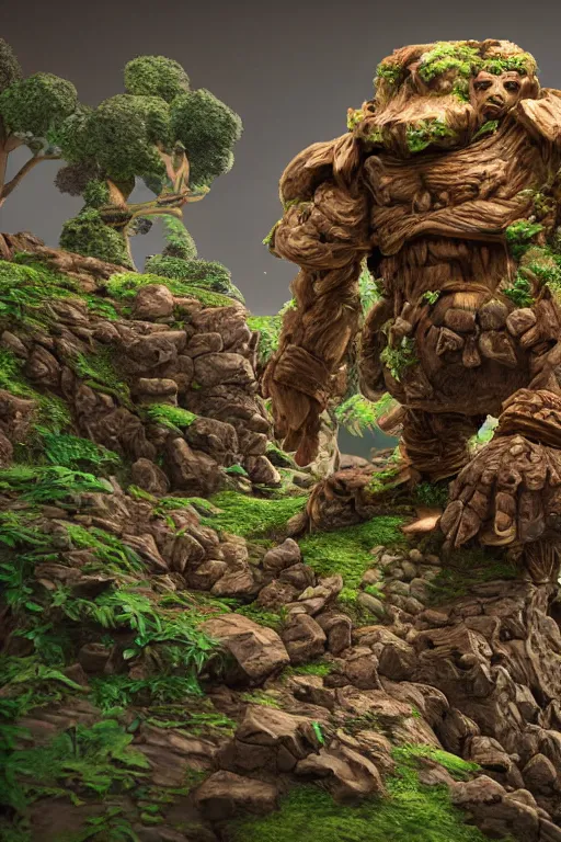 Image similar to zelda fantasy art giant golem troll wood rock greeble gemstone, global illumination ray tracing hdr fanart arstation by sung choi and eric pfeiffer and gabriel garza and casper konefal