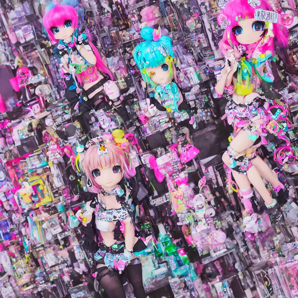 Image similar to 3 d anime render of a decora gyaru kawaii cybergoth emo fashion model vtuber, in a cyberpunk blade runner maximalist city of my melody sanrio plushies, artstation cgsociety