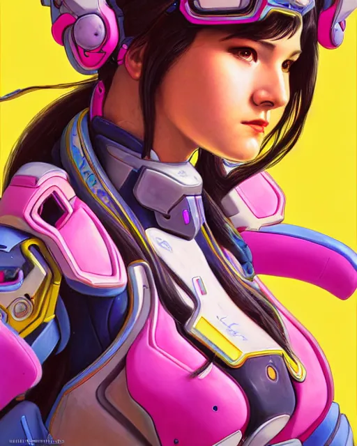Prompt: d. va from overwatch, character portrait, portrait, close up, concept art, intricate details, highly detailed by jean giraud