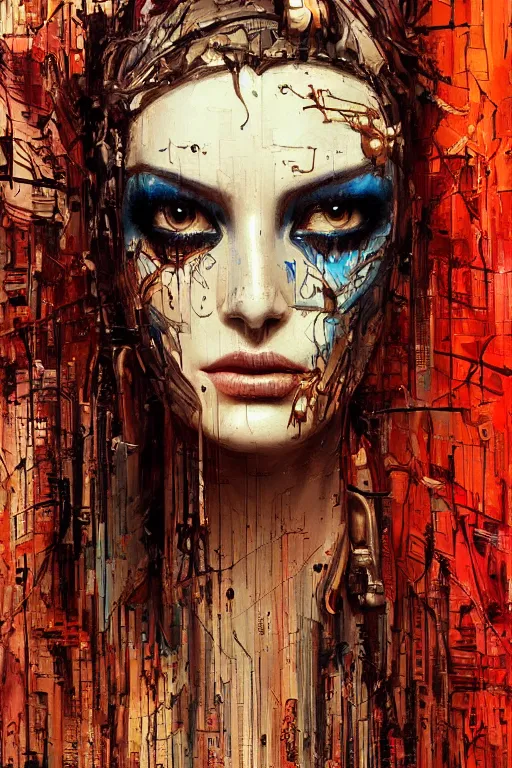 Prompt: one sexy beautiful woman, with a mech mask rendered in unreal engine, cyberpunk, dark scifi, painted by david burliuk bernard buffet | carne griffiths | wlop, face symmetry, 2 eyes, proportional face, one mouth