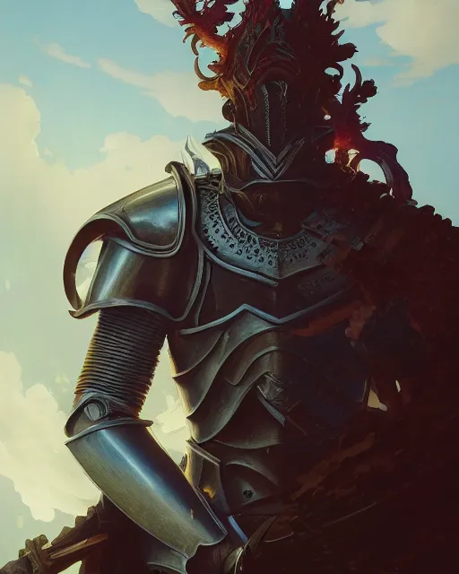 Image similar to highly detailed vfx portrait of a fantasy knight, stephen bliss, unreal engine, greg rutkowski, loish, rhads, beeple, makoto shinkai and lois van baarle, ilya kuvshinov, rossdraws, tom bagshaw, alphonse mucha, global illumination, detailed and intricate environment