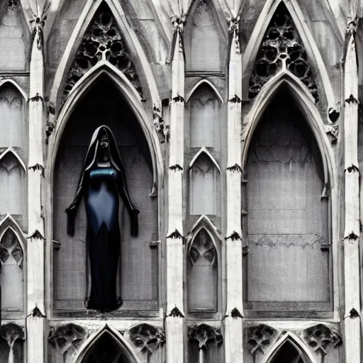 Prompt: architectural shot, no decaying lines, alabaster gothic cathedral, black opal skin, gothic girl dressed in black with macro head face