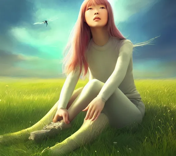 Prompt: girl sitting on a grass, looking at the sky, Medieval Futurism, Retrofuturism, medieval, science fiction by JeeHyung lee, Anna Nikonova aka Newmilky, trending on artstation, 2D art, 2dcg #digital art #cute #girls photoshop