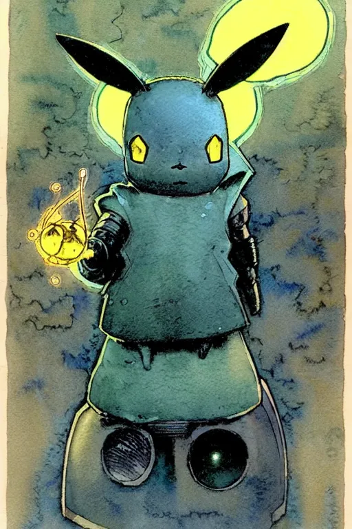 Image similar to a simple and atmospheric watercolour fantasy character concept art portrait of a mechanized android pikachu as a druidic warrior wizard looking at the camera with an intelligent gaze, very muted colors, by rebecca guay, michael kaluta, charles vess and jean moebius giraud