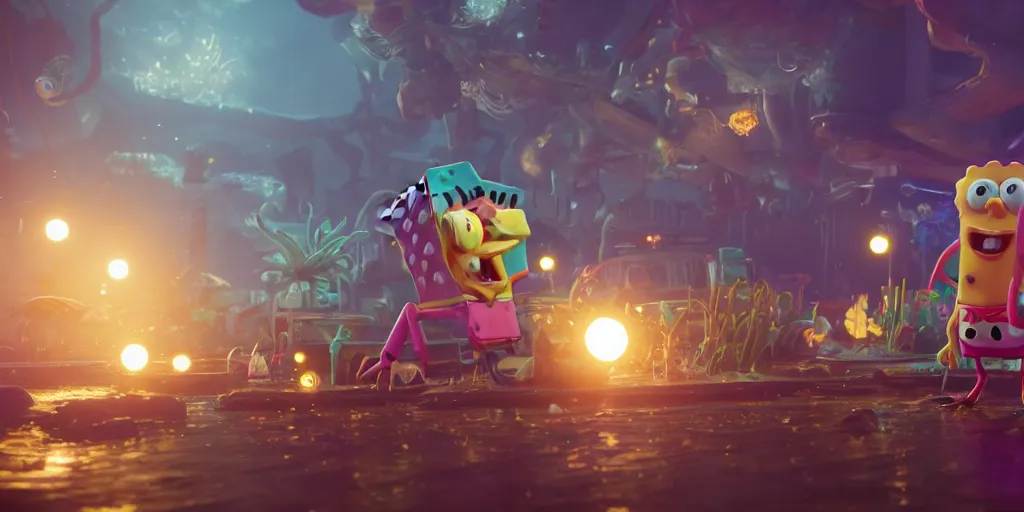 Image similar to Spongebob, cinematic shot, epic, volumetric lighting, made by Stanley Artgerm Lau, WLOP, Rossdraws, ArtStation, CGSociety, concept art, cgsociety, octane render, trending on artstation, artstationHD, artstationHQ, unreal engine, 4k, 8k,