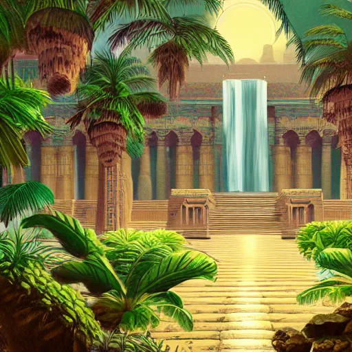 Prompt: a old big egyptian palace with plants and waterfalls, retrowave art,digital art,trending on art station