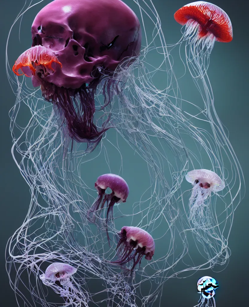 Image similar to composition of human skulls, animals skulls, bones, rib-cage. jellyfish orchids and betta fish, bioluminiscent, intricate artwork by Tooth Wu and wlop and beeple. octane render, trending on artstation, greg rutkowski very coherent symmetrical artwork. cinematic, hyper realism, high detail, octane render, 8k