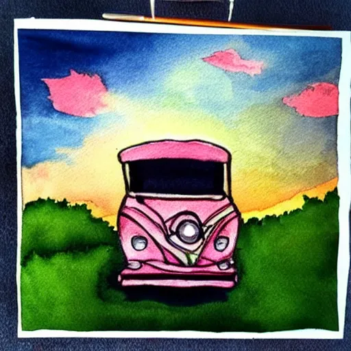 Prompt: beautiful cute cozy very little rv truck on the grass by the water, sunset, puffy cute clouds, white background, watercolor, 4 colors!!!
