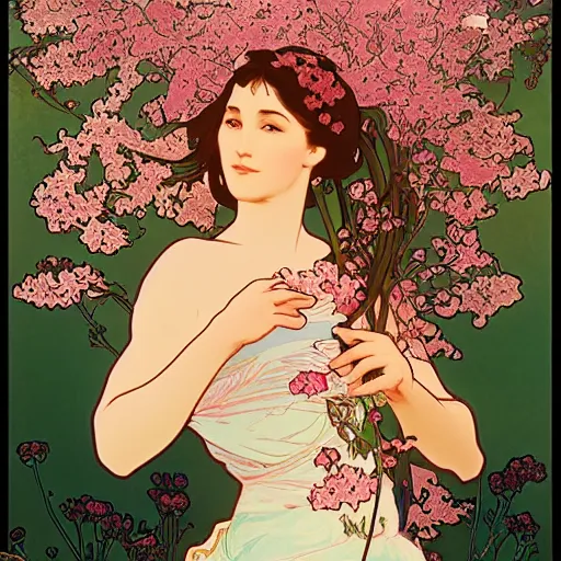 Image similar to floral poster of a dreamy woman in a field of cherry blossom and neural networks, highly detailed, postprocessing, photorealistic, matte painting, 8k, by Alphonse Mucha and Moebius