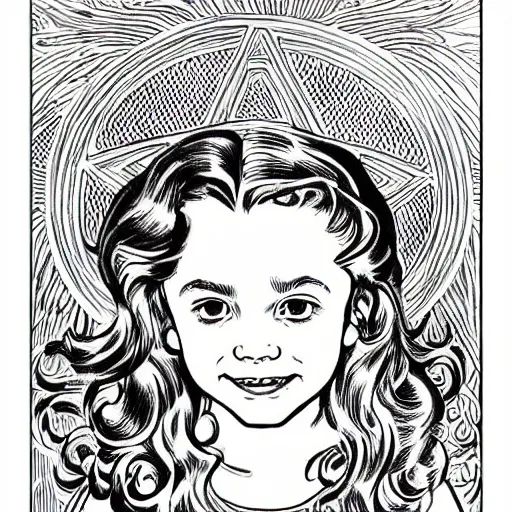 Prompt: a little girl with a mischievous face and light brown curly wavy hair. she is dressed as captain america, spider - man, batman, captain marvel, a superhero. well composed, clean elegant coloring book page, beautiful detailed face. line art by steve ditko and jack kirby and alphonse mucha