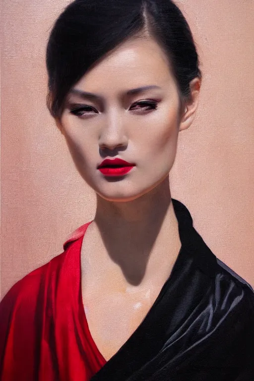 Prompt: hyperrealism oil painting, close - up fashion portrait of woman face in black robe, soft light, soft colors, red silk pattern mixed with star sky in front, in style of classicism mixed with 7 0 s japanese sci - fi book art