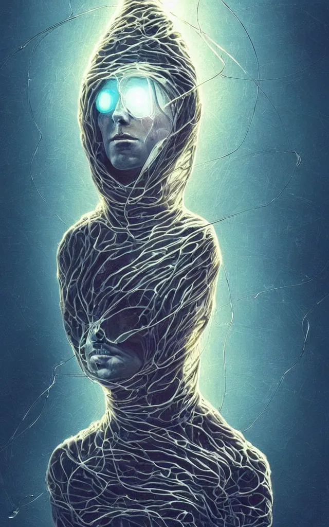 Image similar to human wrapped in a neural cyber cocoon plugged spirit machine, perfect future, award winning scifi art