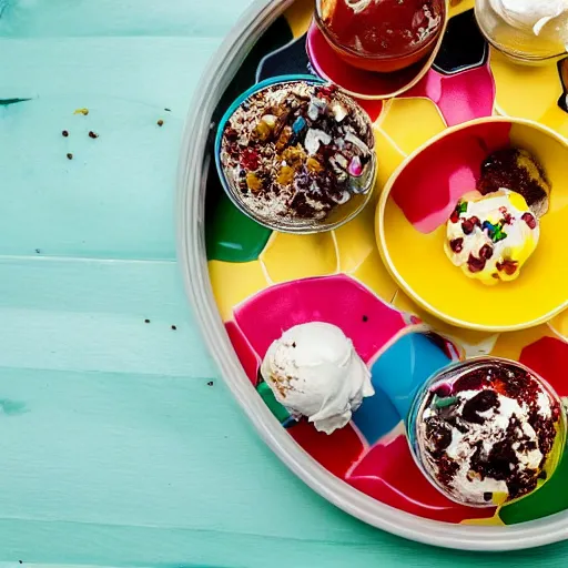 Prompt: high quality photo of the best ice cram sundae in the world on a yellow tray on a green table with a clean background