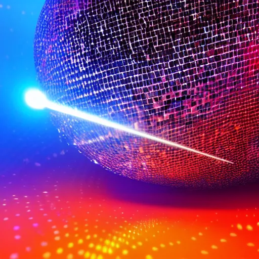 Prompt: ultrarealistic photograph of a disco ball with a high - powered laser shooting light and dispersing full spectrum light beautifully onto the surrounding surfaces, light dispersion, light effects, 3 d render, octane render, luxcore render, light caustics, light dispersion, 8 k