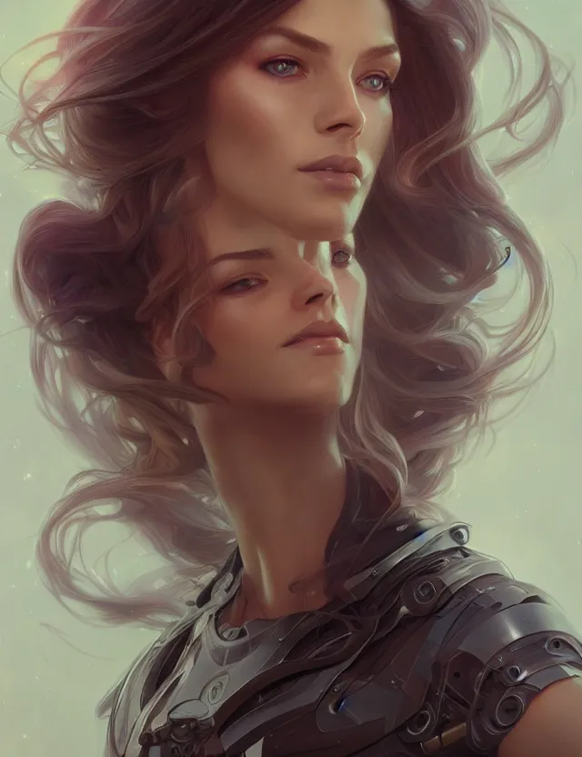 Image similar to futuristic woman portrait, sci-fi, amber eyes, face, long hair, fantasy, intricate, elegant, highly detailed, digital painting, artstation, concept art, smooth, sharp focus, illustration, art by artgerm and greg rutkowski and alphonse mucha