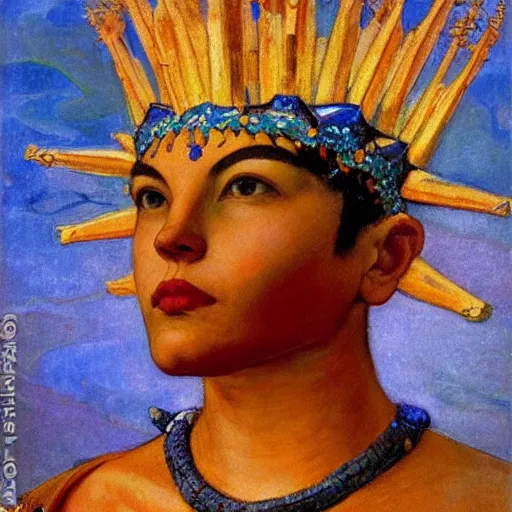 Image similar to the ocean crown, by Annie Swynnerton and Nicholas Roerich and Diego Rivera, blue skin, elaborate costume, geometric ornament, rich color, dramatic cinematic lighting, smooth, sharp focus, extremely detailed