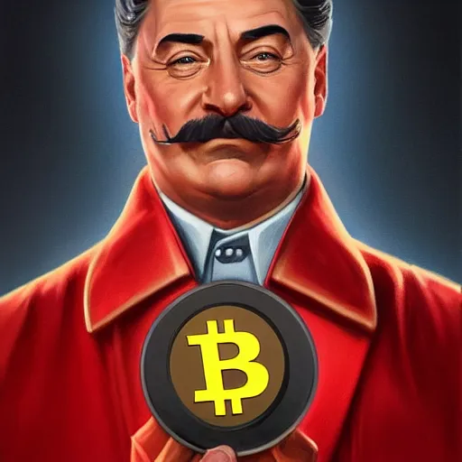 Prompt: realistic josef stalin holding big cryptocurrency golden bitcoin coin in hand wearing reflective red coat portrait, highly detailed, hyperrealistic, digital painting, artstation, concept art, smooth, sharp focus, illustration, cinematic lighting, art by artgerm and greg rutkowski