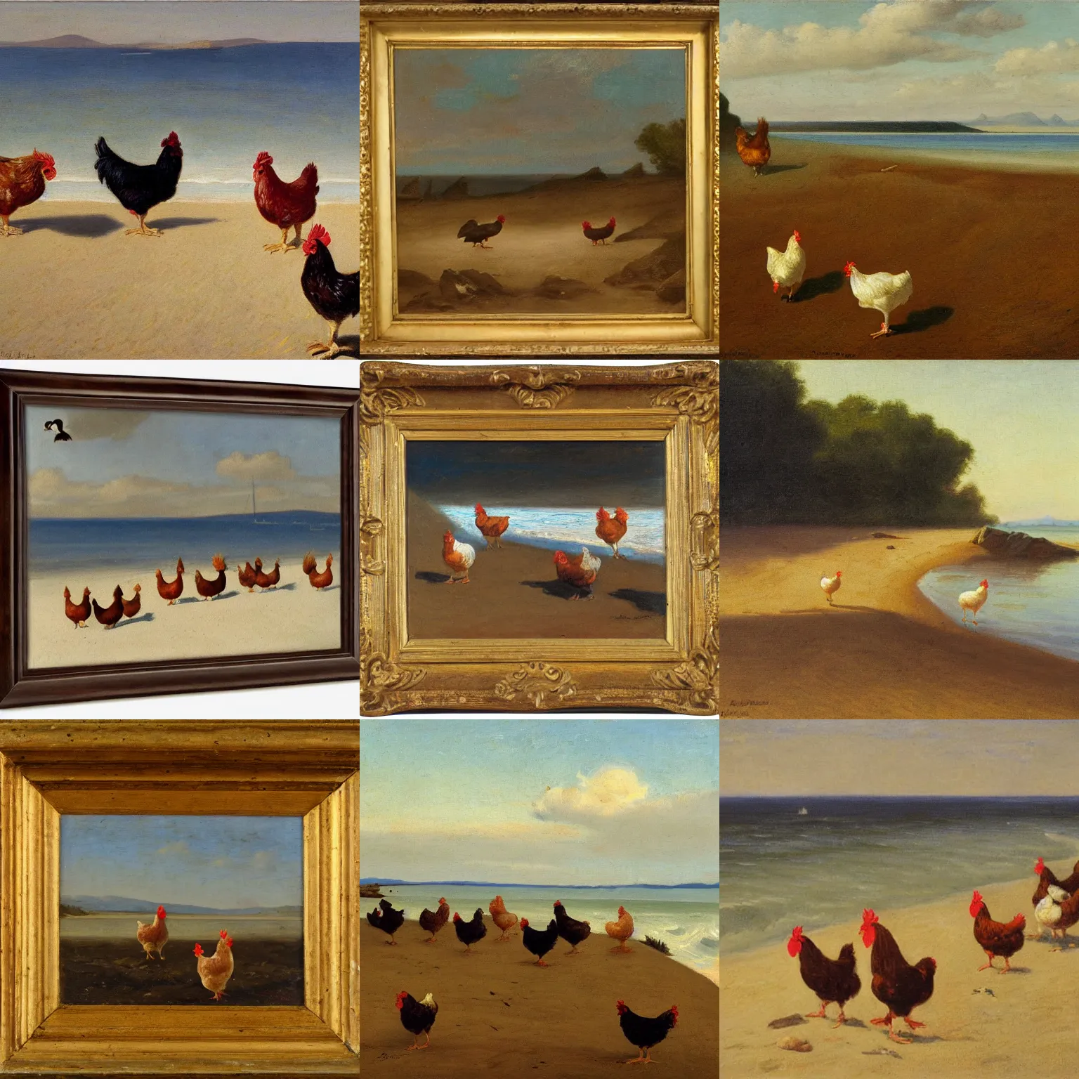Prompt: chickens on beach, hudson river school