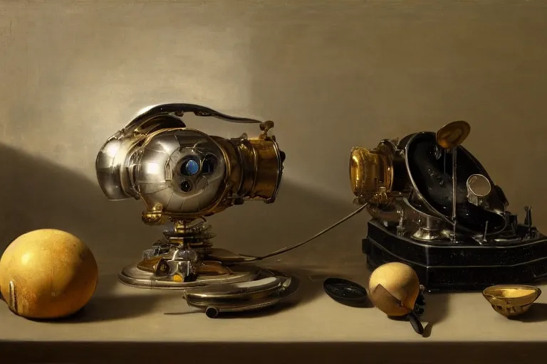 Prompt: still life painting of alien technology, by pieter claesz, oil on canvas, strong lighting, highly detailed, hyper realism, golden hour, god rays, hd, 4 k