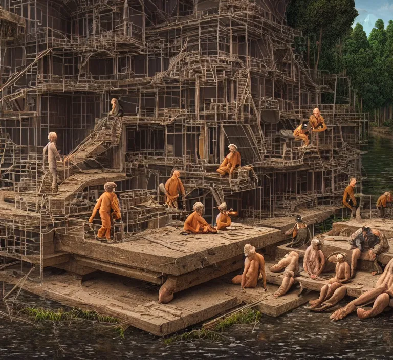 Image similar to hyperrealism caravaggio style photography hyperrealism concept art of highly detailed beavers builders that building highly detailed futuristic from far future city by wes anderson and hasui kawase and scott listfield sci - fi style hyperrealism rendered in blender and octane render volumetric natural light