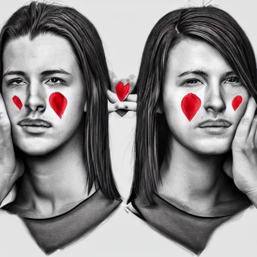 Image similar to perfectly centered symmetrical split male and female portrait of man and woman in love sharing one heart ; digital painting, photorealistic, highly detailed