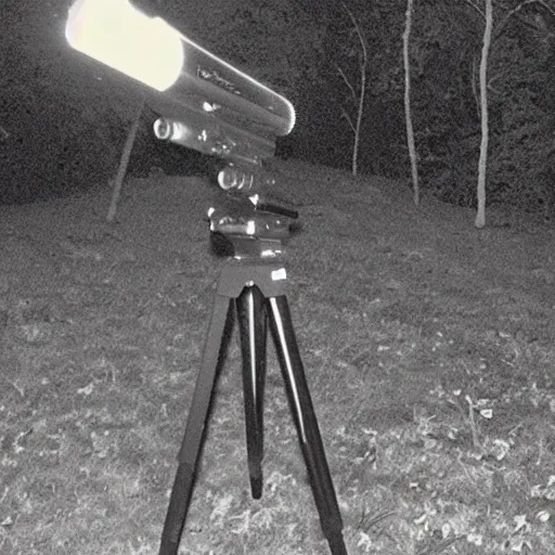 Prompt: black and white trail cam footage at night of queen elizabeth with a bazooka