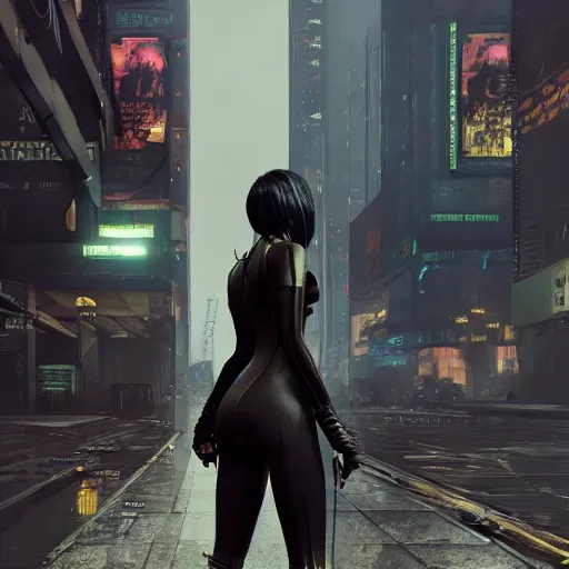 Image similar to new york city portrait of 2B nier automata wearing skin tight clothes muzzle gloomy rainy screenshot from the video game cyberpunk 2077 digital art by Greg Rutkowski, Simon Stalenhag, christopher nolan trending on Artstation, CGSociety