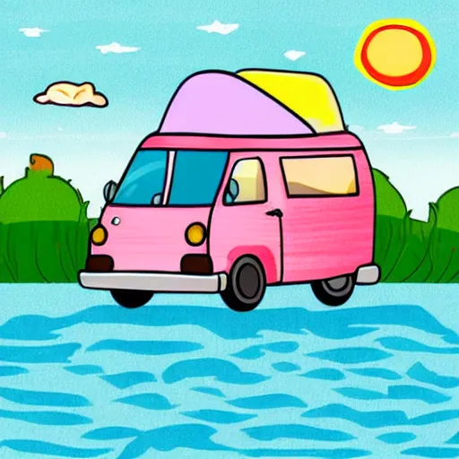 Image similar to beautiful cute cozy very little camper van by the water, sunset, puffy cute clouds, cute simple cartoon, vector, white background, watercolor, 4 colors!!!