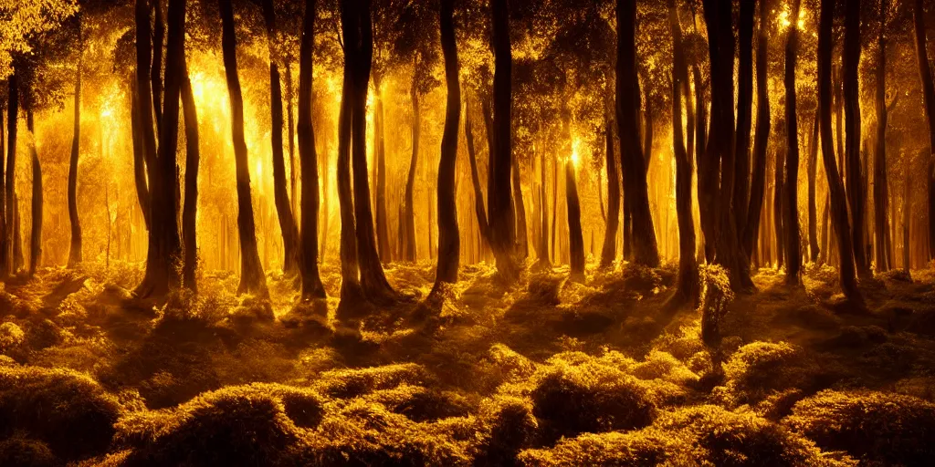 Prompt: mystical dreamlike forest, ossified trees, by sapna reddy, ansel adams during golden hour, cinematic forest lighting, hyperdetailed crystalline masterpiece incrustations, volumetric, diffuse, real life landscape, aperture f. 1 1