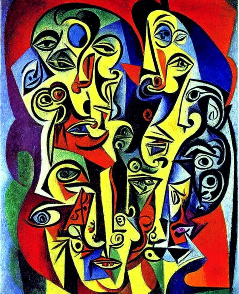 Prompt: vibrant oil painting of a multi - dimensional supreme intelligence. picasso, dali.