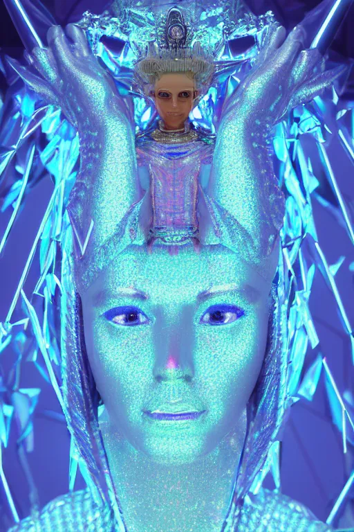 Prompt: hyper detailed ultra sharp portrait of baroque and bladerunner delicate neon diamond sculpture of seductive albino pharaoh kit butler, diamond pink sphinx iridescent humanoid deity wearing metallic hoody made out of hands holding the sun prismatic dungeon, glowing blue face, crown of white diamonds, cinematic lighting, photorealistic, octane render 8 k depth of field 3 d