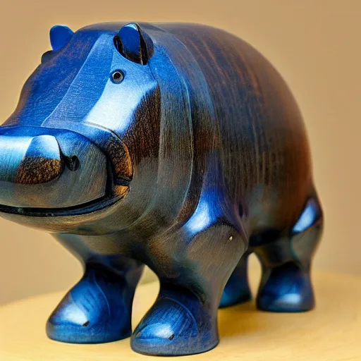 Image similar to wood block small hippo statue, wood blocks bottom hippo body, blue chrome top hippo body, by a genius craftsman, highly detailed, wood block legs made of polished wooden blocks under the blue resin chrome top