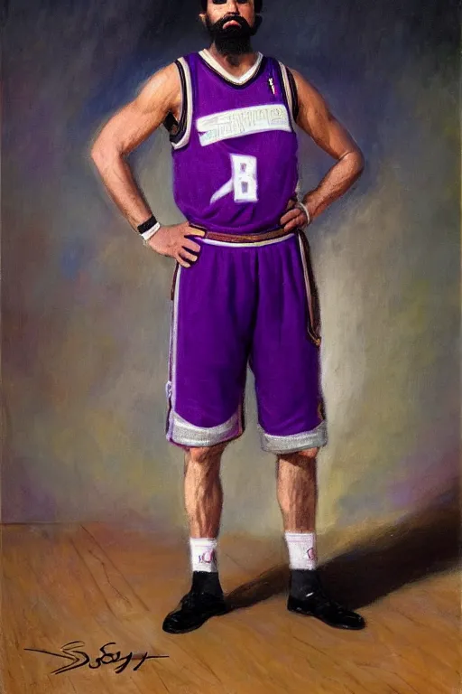 Image similar to full body portrait of the dictator of the sacramento kings, 1 8 8 9, in full military garb, purple, silver, oil on canvas by william sidney mount, trending on artstation