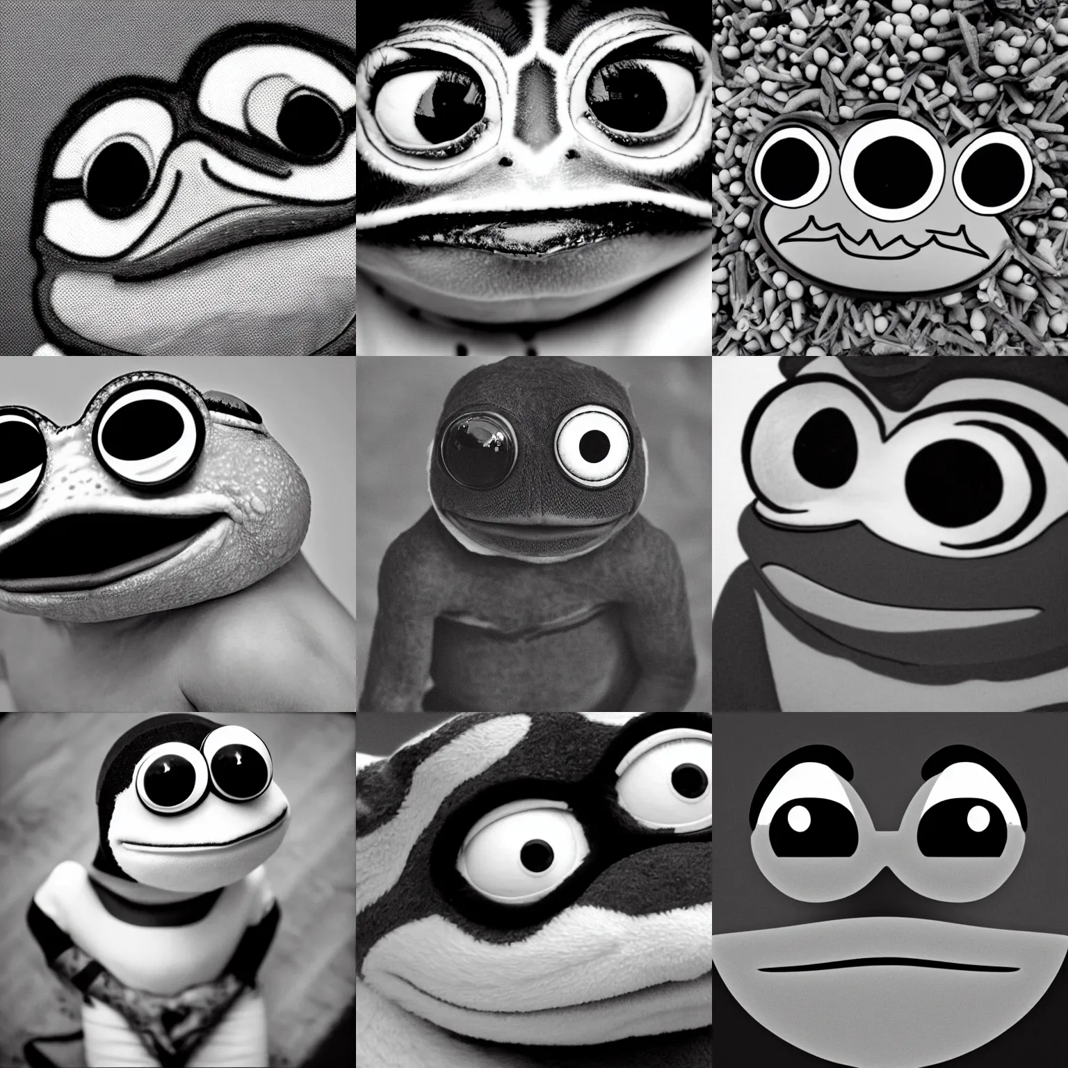 Image similar to stunning black and white photo of pepe the frog