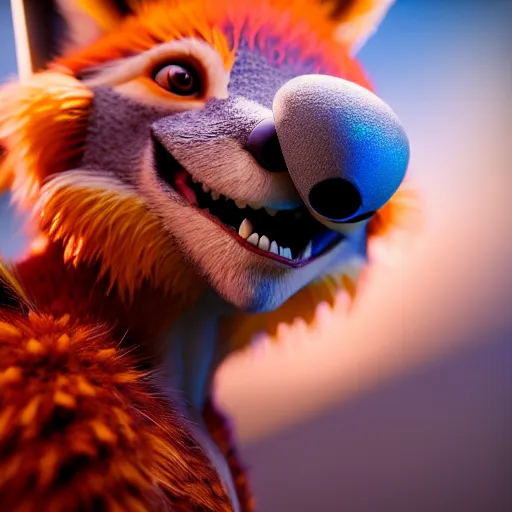 Image similar to weta disney pixar movie still macro close photo of anthropomorphic vulpes vulpes fulva wearing koala : : by weta, greg rutkowski, wlop, ilya kuvshinov, rossdraws, artgerm, octane render, iridescent, bright morning, anime, liosh, mucha : :
