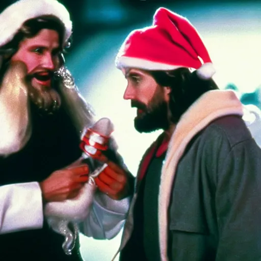 Prompt: Santa and Jesus 80s movie action battle, pink crying ice cream in the background