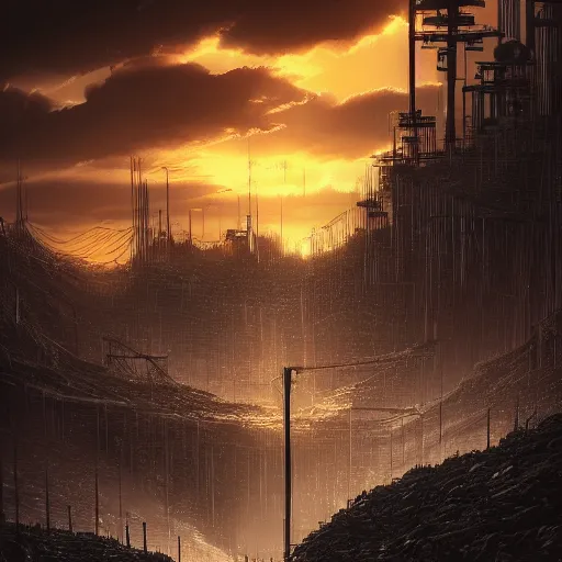 Image similar to a dark foreboding landscape where one single tree grows, amidst broken metal machines, with the sky on fire. Gustave Dore, ponyo and artrift, trending on artstation, cyberpunk, CGSociety, hyperealism, extremely detailed landscape art, 3d render, 4k hd, depth of field, super high def, IMAX.