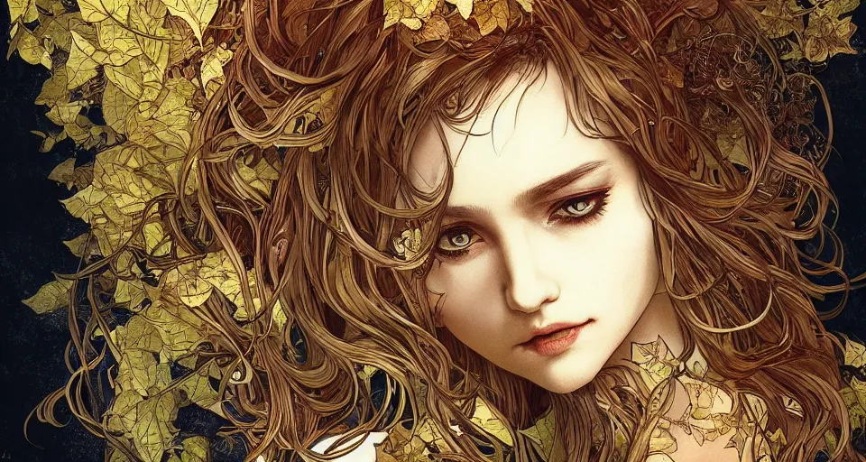 Image similar to golden leaves at frame border, creative!!! composition for a book cover!!!, absurdly beautiful, ultrafine hyperrealistic detailed old!! witch face by wlop and artgerm and alphonse mucha, intricate linework, sharp focus, smooth, octopath traveler, final fantasy, unreal engine, dramatic lighting, ethereal, 8 k